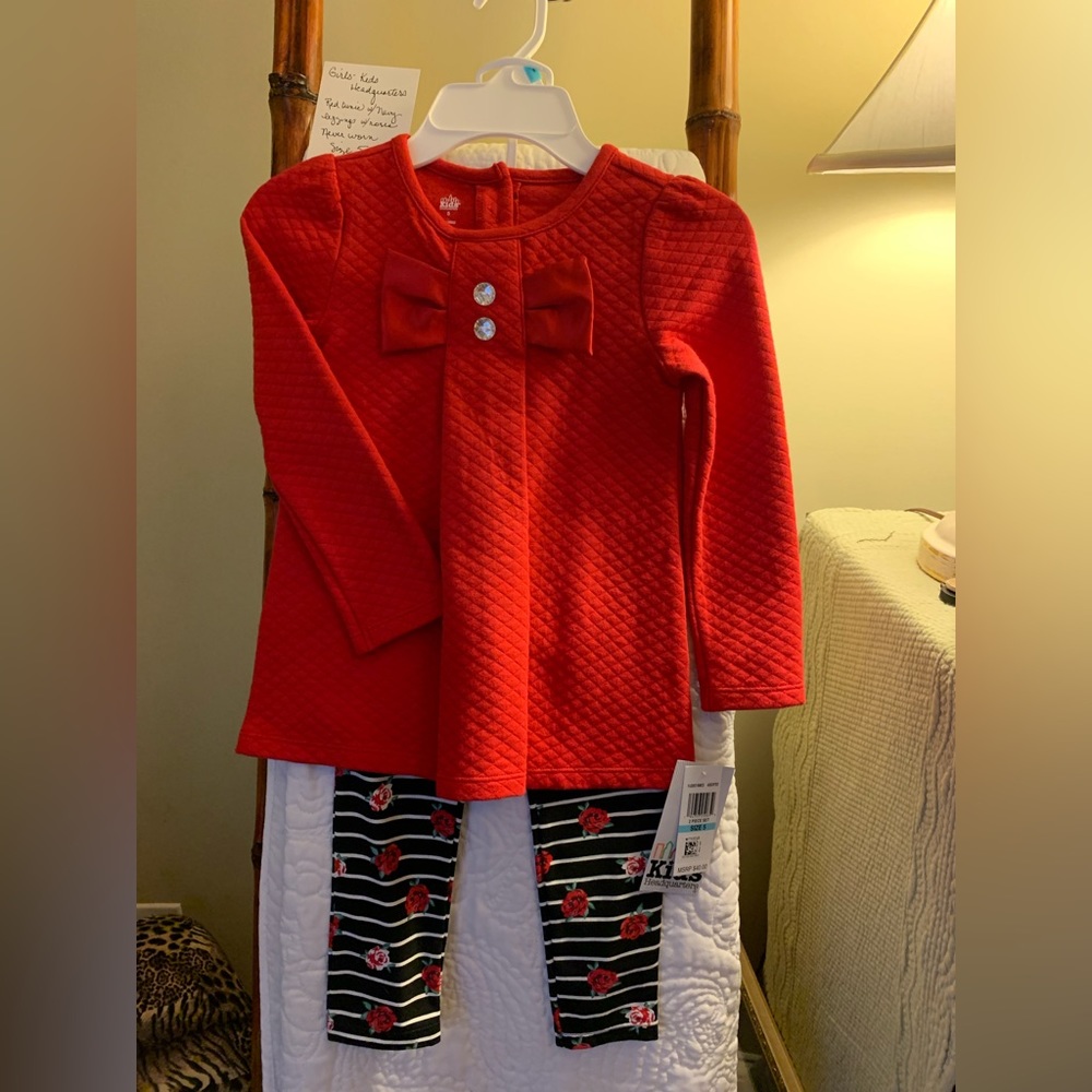 Girls - Kids Headquarters- Red Tunic with Navy Leggings with Roses.